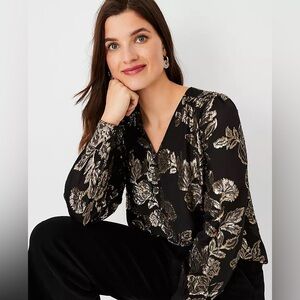 Ann Taylor Black and Gold Jacquard Long Sleeve Blouse